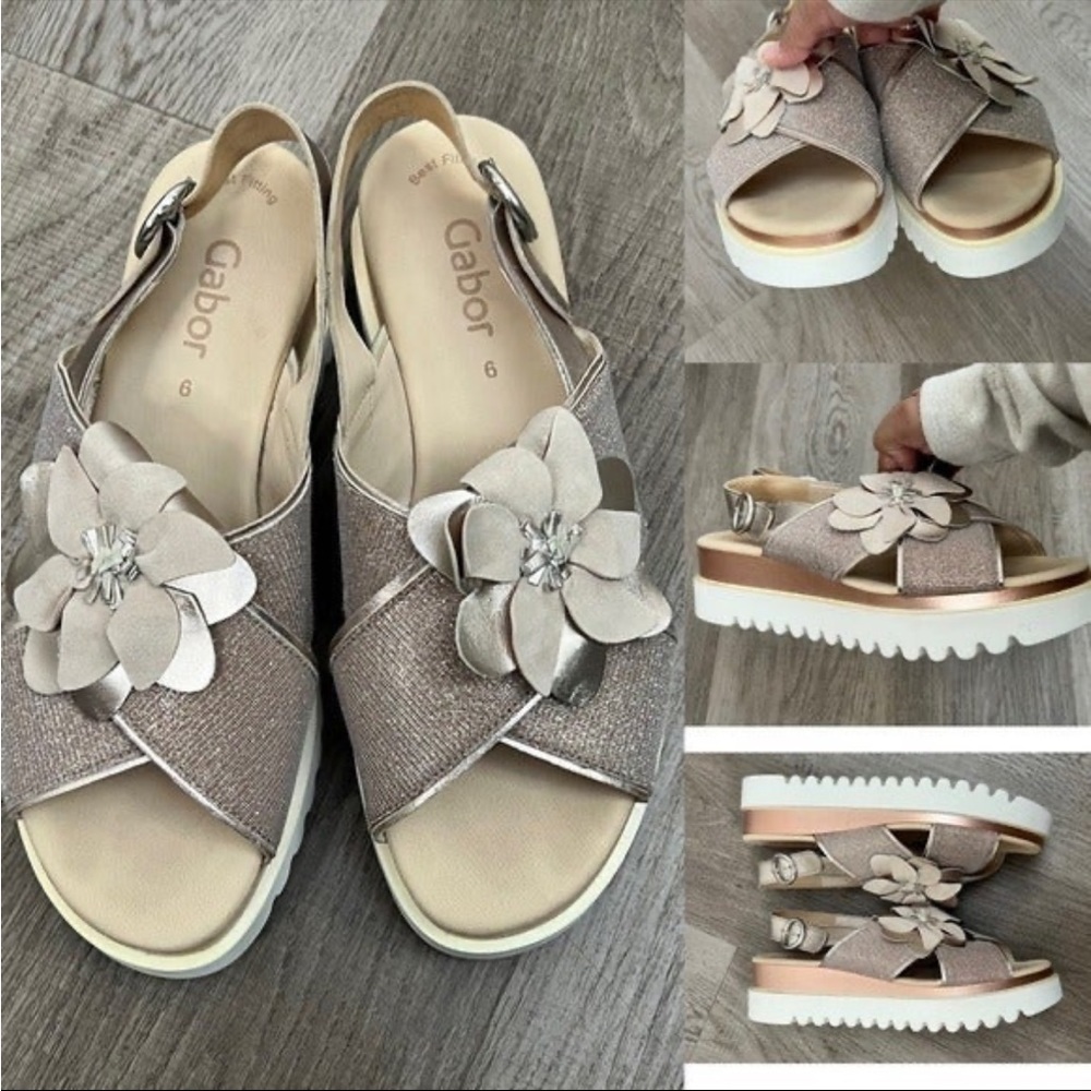 GABOR Wedge Platform Sandals Rose Gold Floral Sz 6